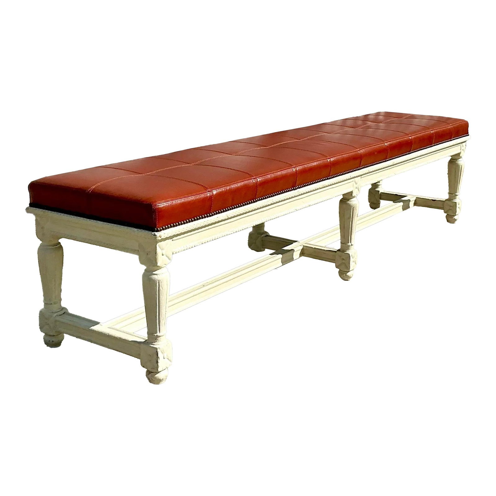 Antique 19th Century Leather Bench with Wood Detailing (1 of 7)