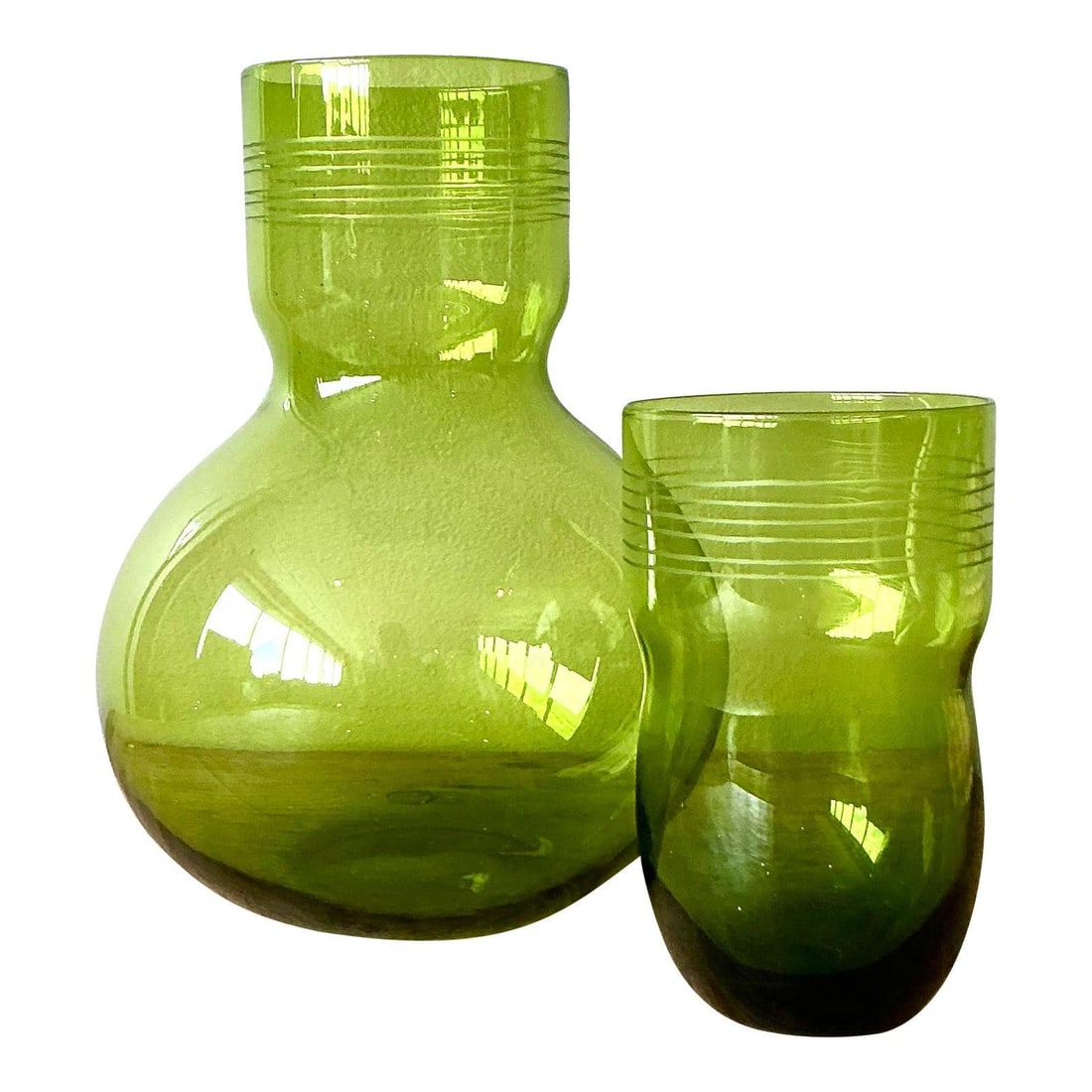 Green Glass Bedside Pitcher and Cup Set with Etched Boho Design (1 of 6)