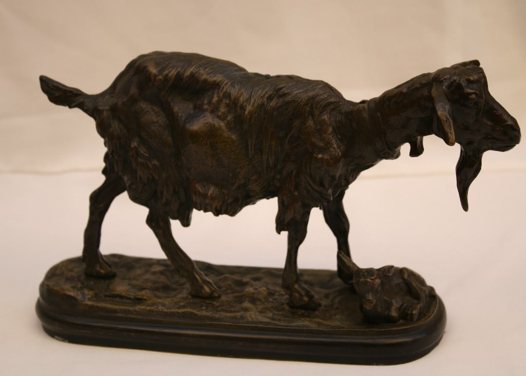 19C Patinated Bronze Sculpture by Emmanuel Fremiet Mother and Baby Goat: 19C Patinated Bronze Sculpture by Emmanuel Fremiet Mother and Baby Goat This exquisite 19th century French patinated bronze sculpture by renowned artist Emmanuel Fremiet depicts a mother goat and her