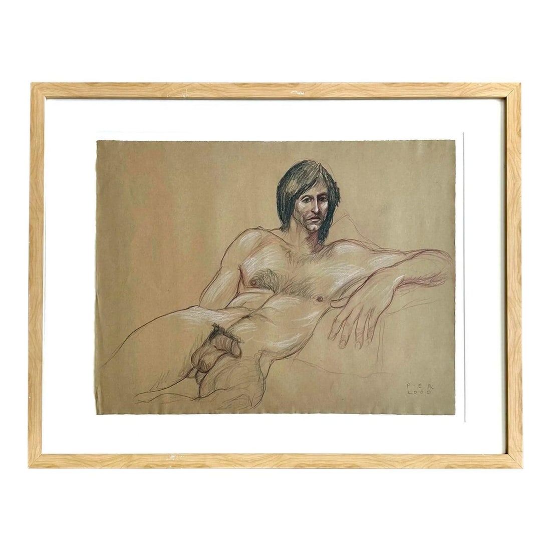 Life Study Artwork Featuring Reclining Male Nude with Subtle Color Highlights: Life Study Artwork Featuring Reclining Male Nude with Subtle Color Highlights This vintage boho artwork features a life drawing of a reclining male nude, skillfully executed with confident contours an