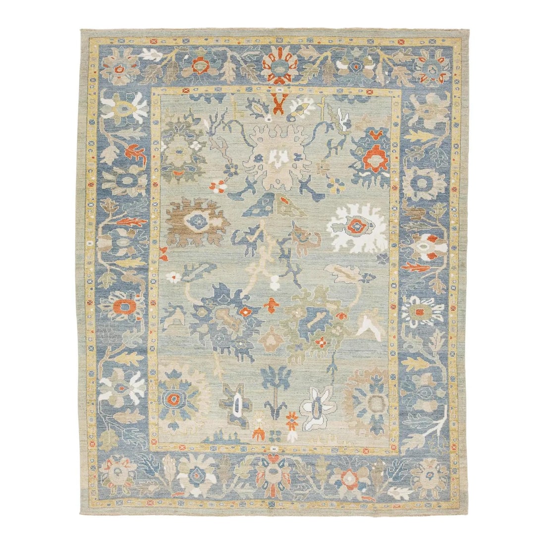 Modern Sultanabad Style Wool Rug 9'10" x 12'2" Hand-Knotted Blue Sage: Modern Sultanabad Style Wool Rug 9'10" x 12'2" Hand-Knotted Blue Sage This hand-knotted wool area rug features a modern interpretation of the classic Sultanabad design, highlighted by a sophisticated