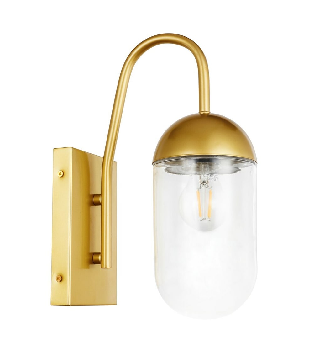 Modern Brass and Glass Wall Sconce with Round Shade for Indoor Spaces: Modern Brass and Glass Wall Sconce with Round Shade for Indoor Spaces This modern wall sconce features a brass metal finish and a round clear glass shade, suitable for various indoor spaces such as di