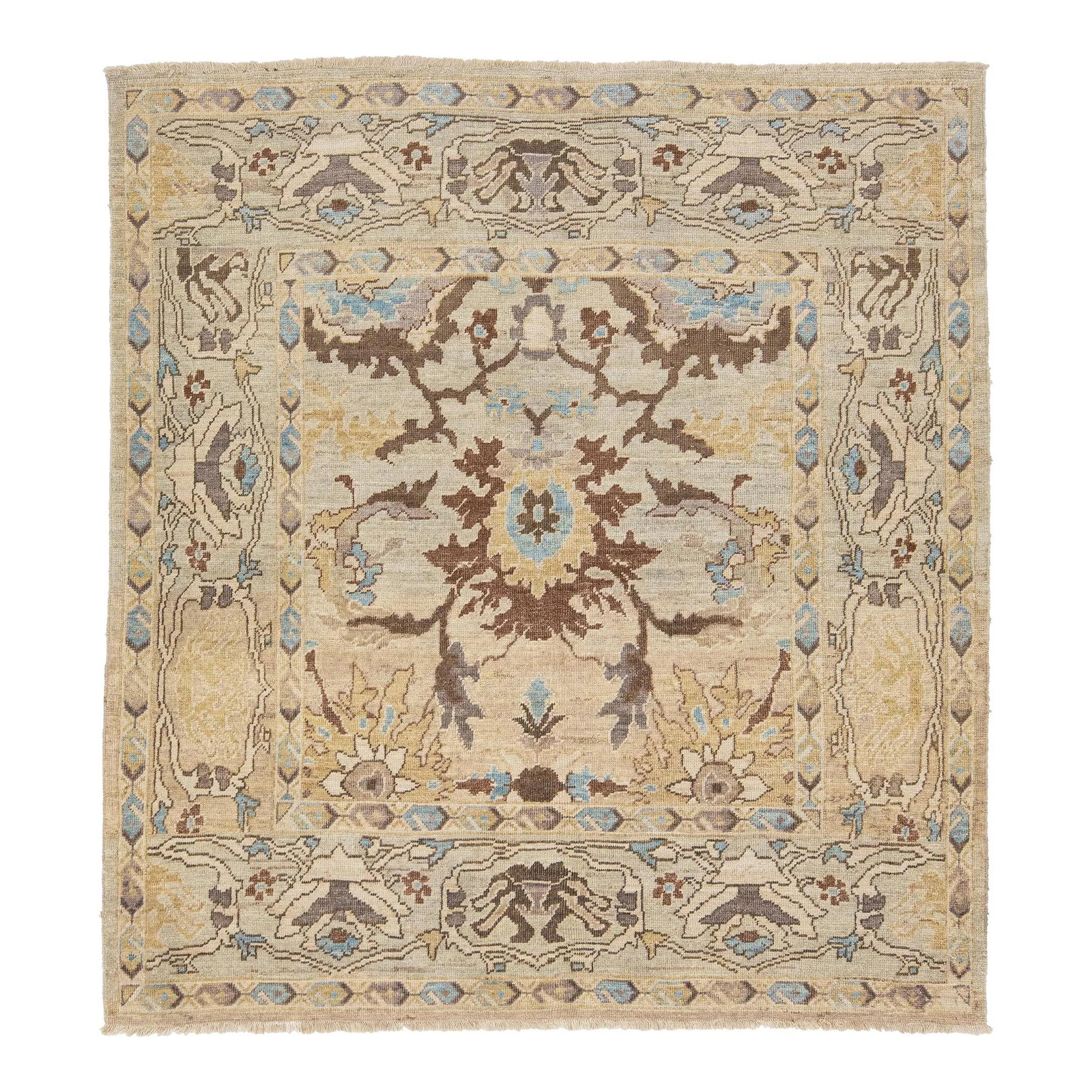 Handmade Beige Sultanabad Wool Rug 6'2 x 6'8 Modern Design: Handmade Beige Sultanabad Wool Rug 6'2 x 6'8 Modern Design Enhance your living space with this exquisite hand-knotted Persian wool rug, featuring a sophisticated beige field adorned with modern allove