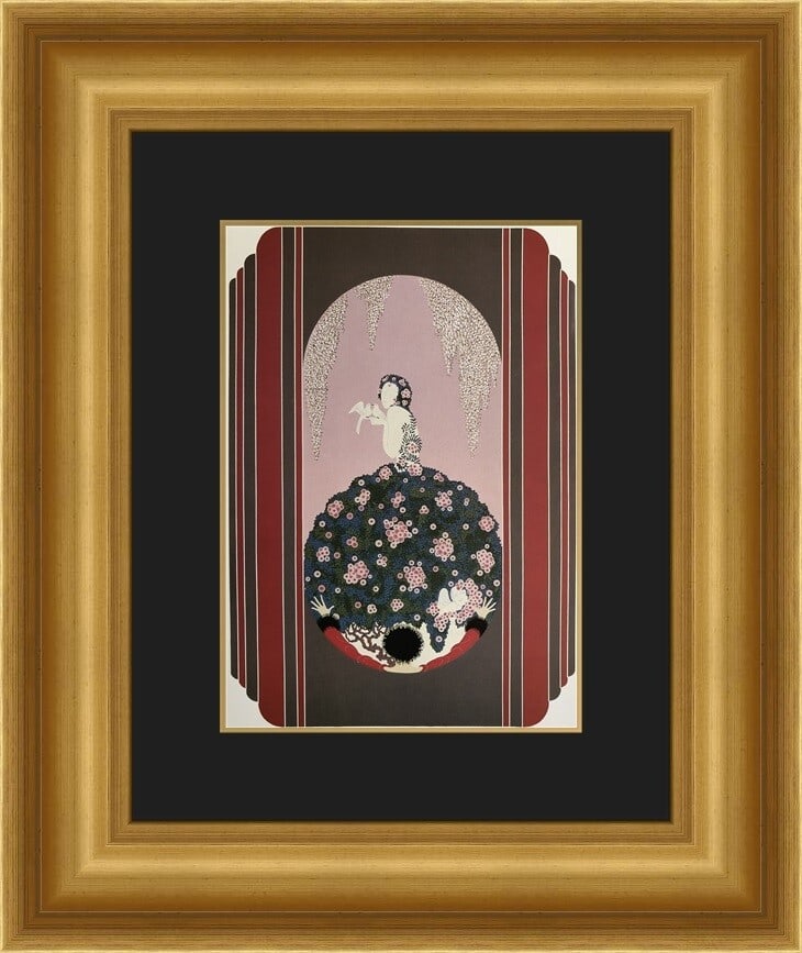 Erte The Spring Dress of Venus Custom Framed Art Deco Print: Erte The Spring Dress of Venus Custom Framed Art Deco Print This exquisite custom framed print titled "The Spring Dress of Venus" by the renowned artist Erte showcases a stunning Art Deco style. The p
