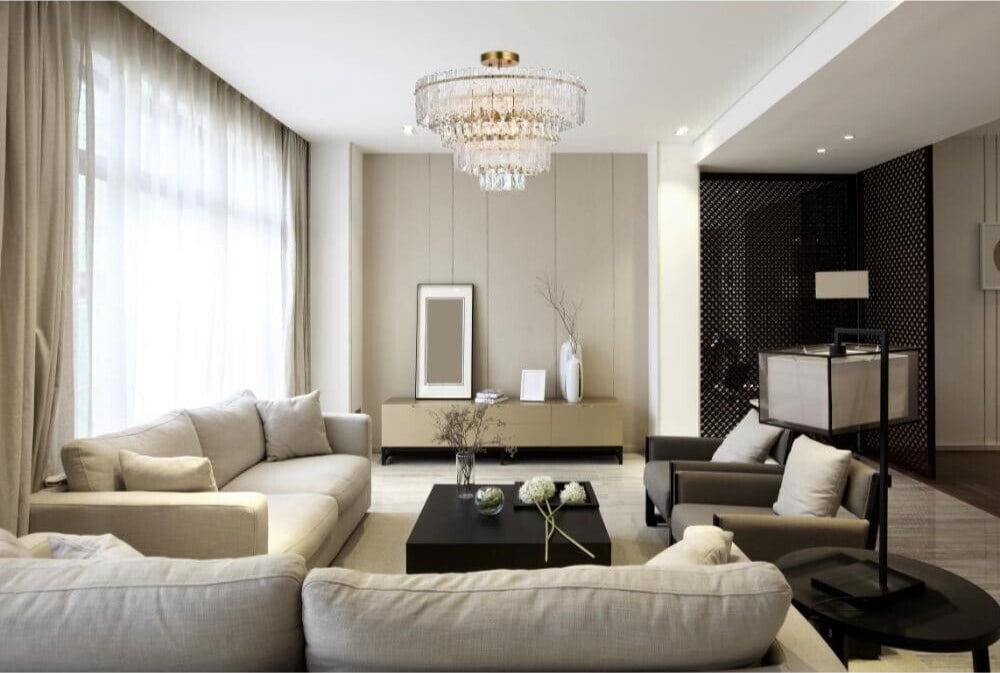 Emilia 8-Light Satin Gold Modern Crystal Flush Mount Ceiling Chandelier 25 Inch: Emilia 8-Light Satin Gold Modern Crystal Flush Mount Ceiling Chandelier 25 Inch This modern flush mount chandelier features a high-quality satin gold finish and is adorned with royal cut clear crystal