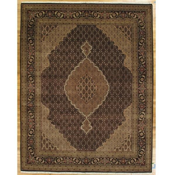 8 x 10.3 Hand-Knotted Black Wool & Silk Tabriz Mahi Rug: 8 x 10.3 Hand-Knotted Black Wool & Silk Tabriz Mahi Rug Free continental US Shipping The 8 x 10.3 Wool & Silk Fine Quality Tabriz Mahi Rug in Black showcases exceptional craftsmanship and elegance. Or