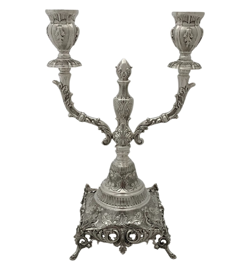 Elegant Handmade 925 Sterling Silver 2-Light Candelabra with Leaf Appliques (1 of 3)