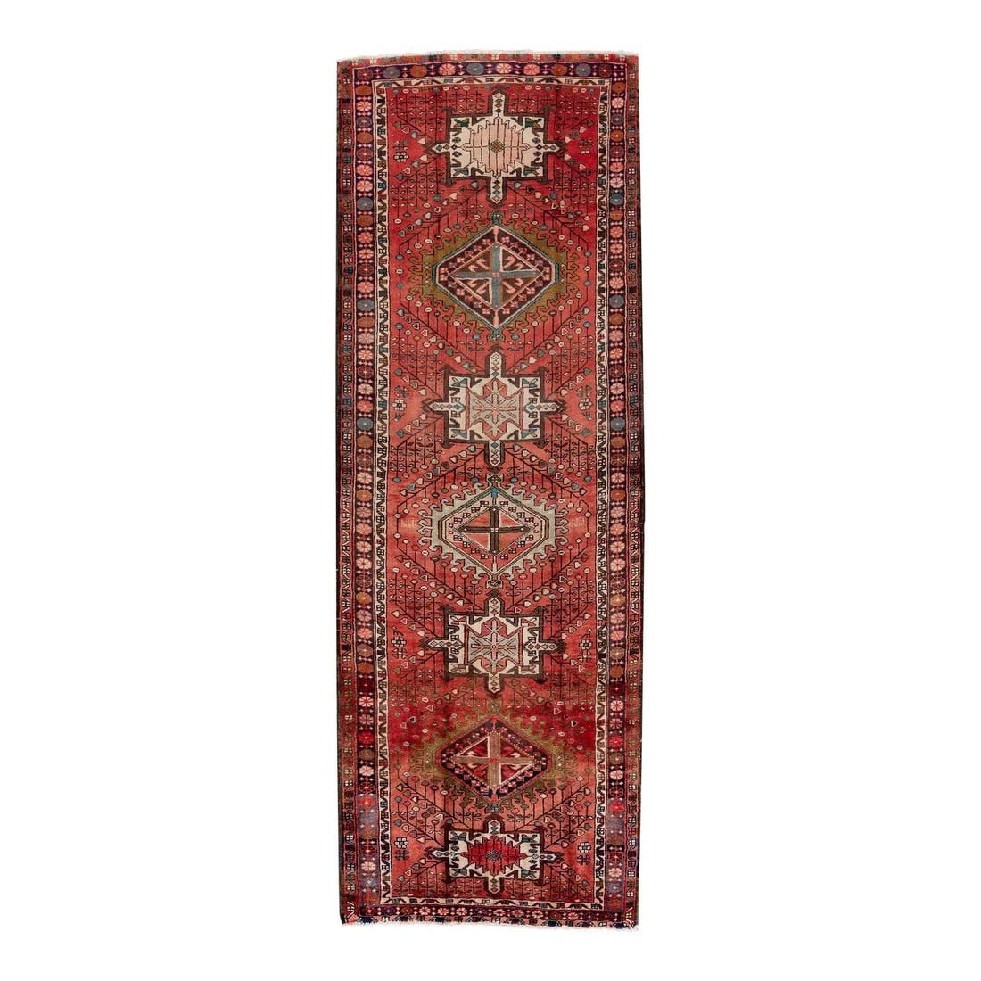 Vintage Heriz Tribal Wool Rug 4'2" x 11'6" Red Handmade: Vintage Heriz Tribal Wool Rug 4'2" x 11'6" Red Handmade Enhance your living space with this Vintage Handmade Heriz Wool Rug, featuring a captivating tribal design. The rug showcases a vibrant red fiel