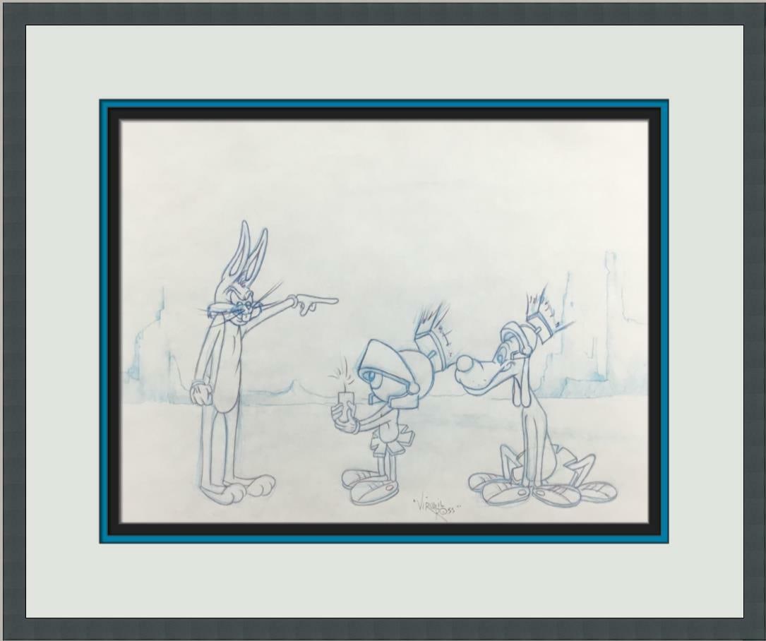 Original Signed Bugs Bunny Marvin Martian K9 Production Drawing by Virgil Ross (1 of 3)