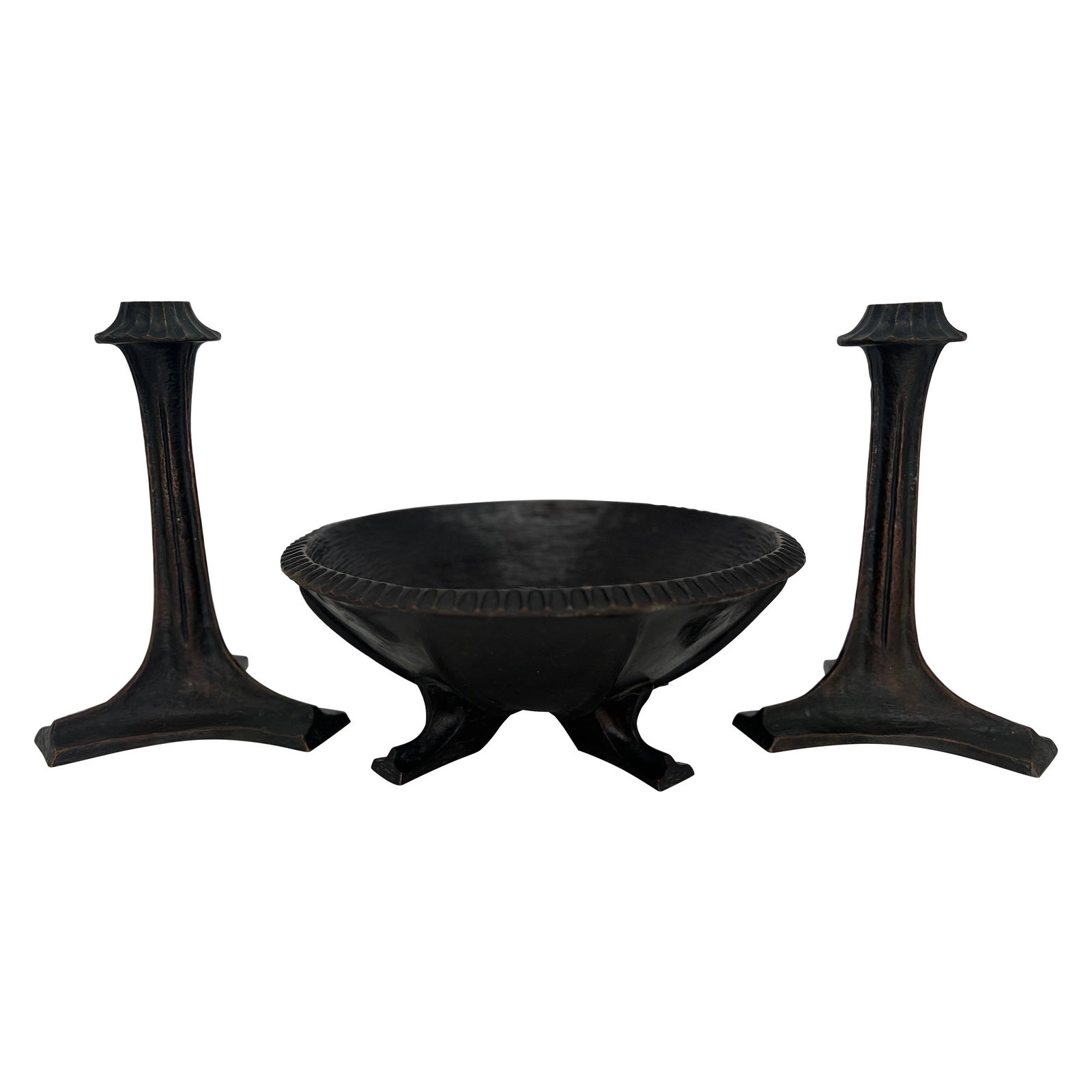 3 Piece Arts and Crafts Bronze Centerpiece Set New York School: 3 Piece Arts and Crafts Bronze Centerpiece Set New York School This exceptional set of three bronze centerpieces, inspired by the Arts and Crafts movement, showcases exquisite craftsmanship typical of