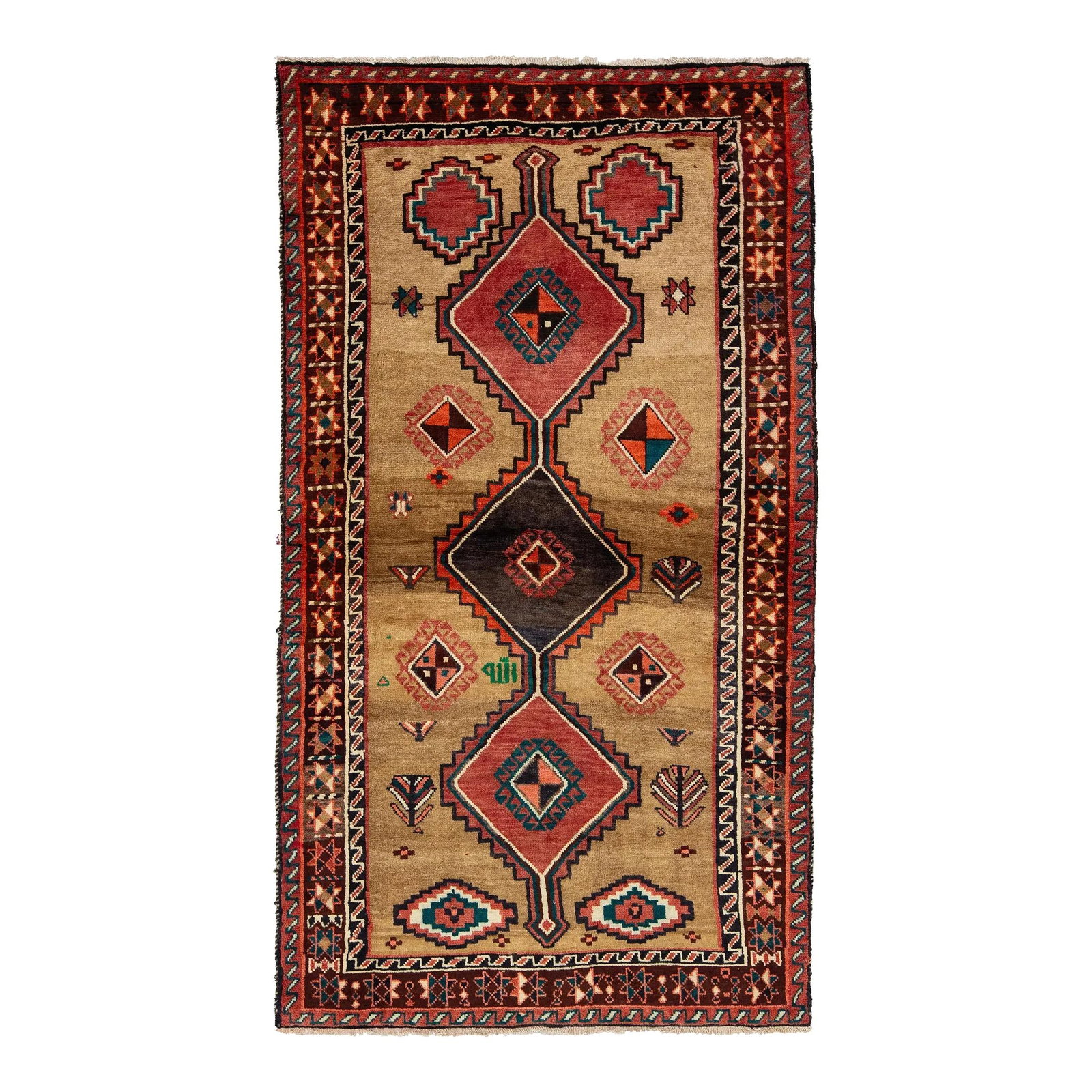 1940s Vintage Persian Shiraz Hand-Knotted Wool Rug Brown Geometric: 1940s Vintage Persian Shiraz Hand-Knotted Wool Rug Brown Geometric Discover the charm of this Vintage Persian Shiraz hand-knotted wool rug, a timeless piece from the 1940s. Featuring a rich brown fiel