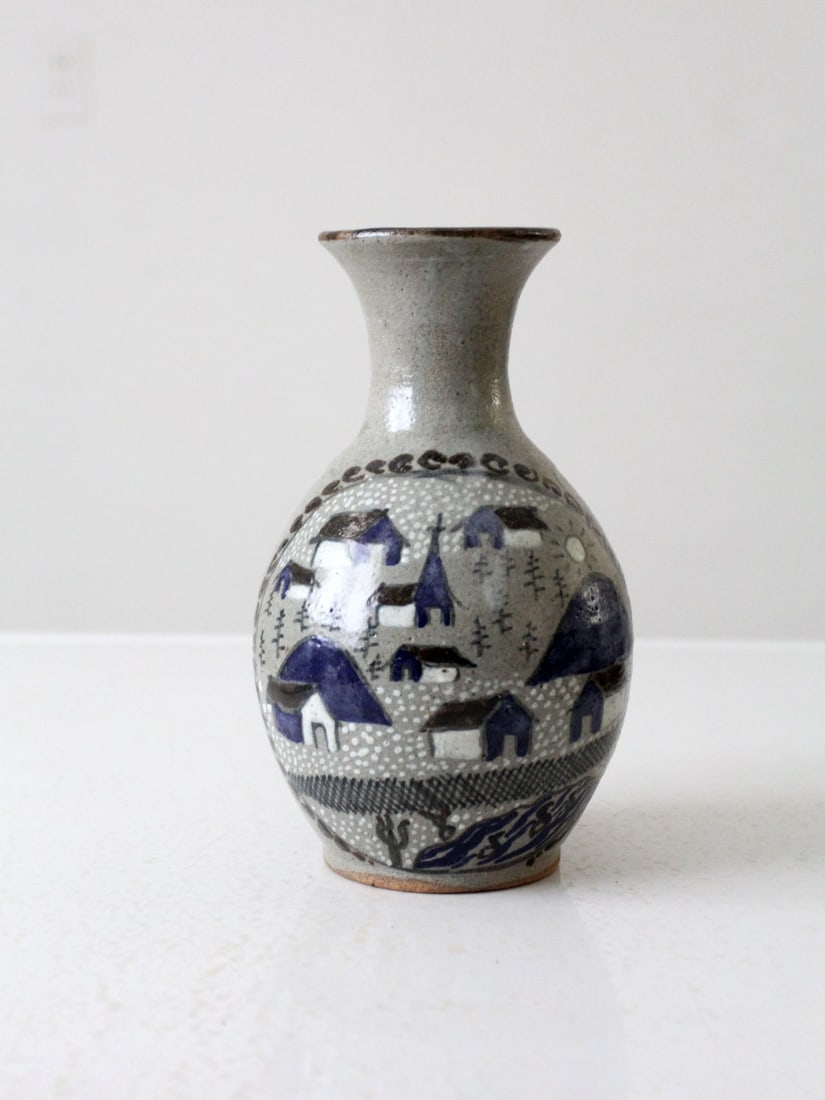 Handmade Vintage Salt Glaze Vase with Country Village Design (1 of 13)
