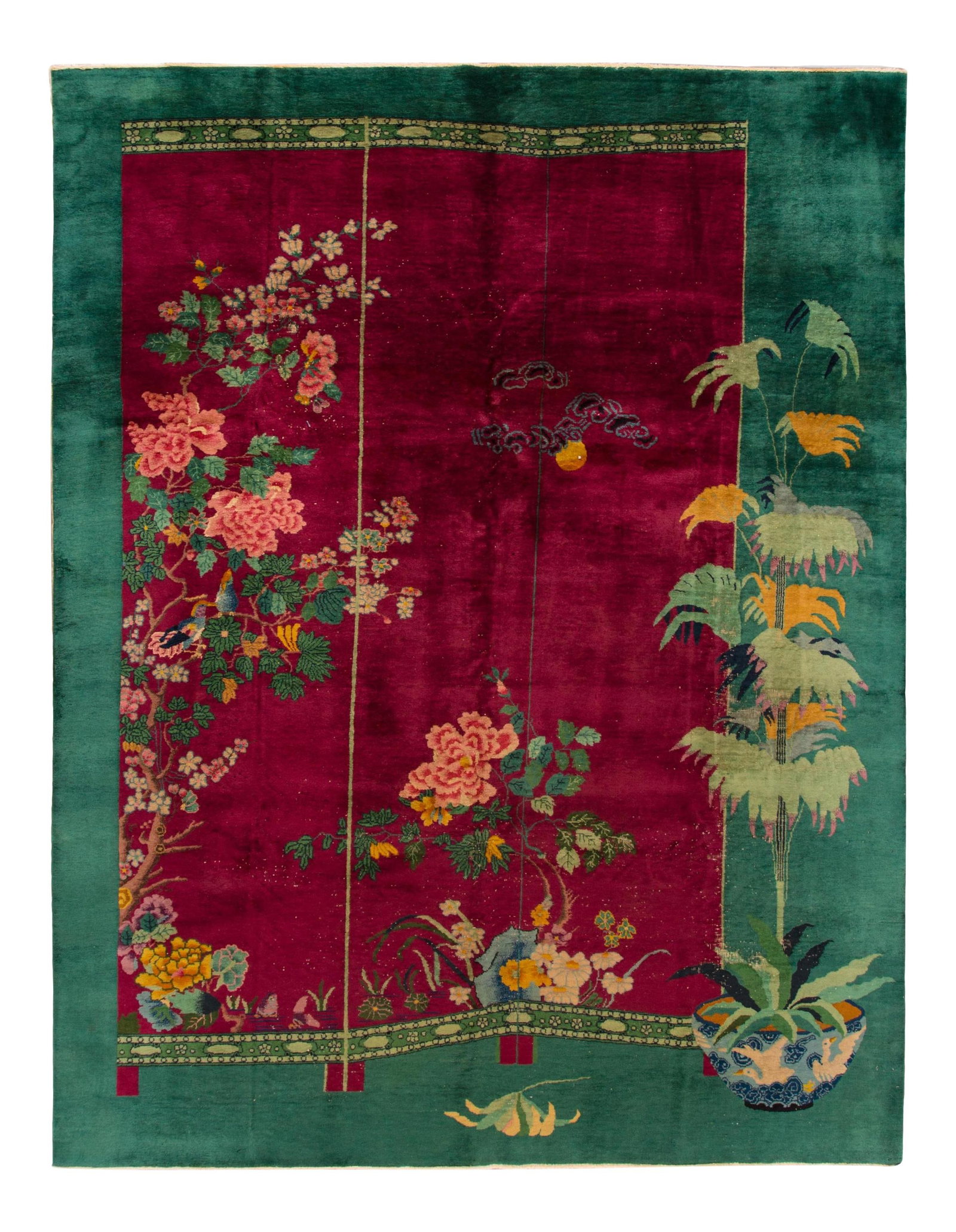 Vintage Chinese Art Deco Hand-Knotted Wool Rug 10'10 x 12': Vintage Chinese Art Deco Hand-Knotted Wool Rug 10'10 x 12' Enhance your space with this stunning vintage Chinese Art Deco hand-knotted wool rug. Featuring a rich red field and a vibrant green frame, t
