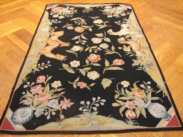 3' x 5' Black Hand-knotted Needlepoint Area Rug Traditional Design (1 of 6)
