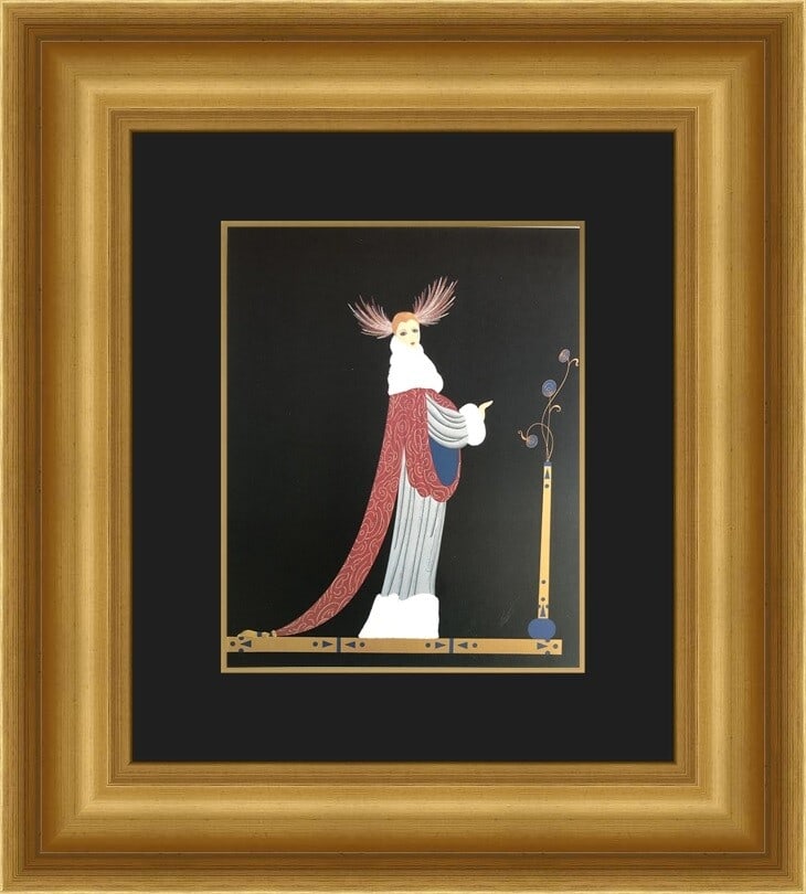 Erte Ermine Brocade Art Deco Custom Framed Print 18 x 21: Erte Ermine Brocade Art Deco Custom Framed Print 18 x 21 This exquisite framed print titled 'Ermine Brocade' by the renowned artist Erte showcases a stunning Art Deco style. Measuring 18 inches in wid