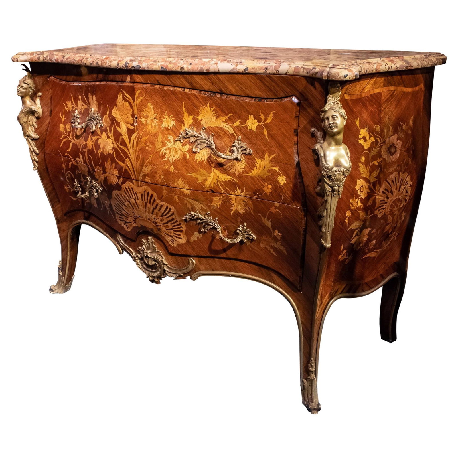 French Marquetry Bombay Commode with Gilt Bronze Figural Mounts Circa 1890 (1 of 11)