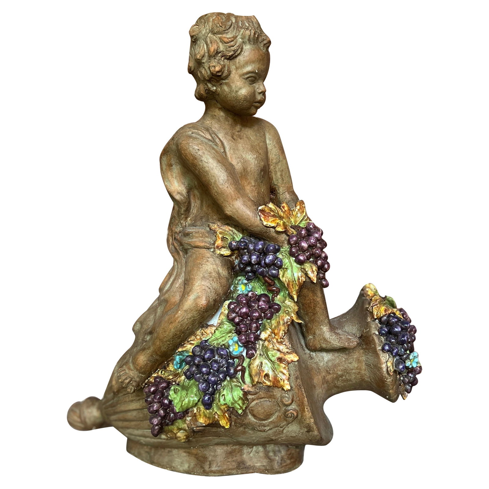 Mid 20th Century Italian Terracotta Sculpture with Putti and Grape Vine: Mid 20th Century Italian Terracotta Sculpture with Putti and Grape Vine This Large Italian Terracotta Sculpture featuring Putti and a grape vine beautifully adorns a wine vessel, showcasing the exquis