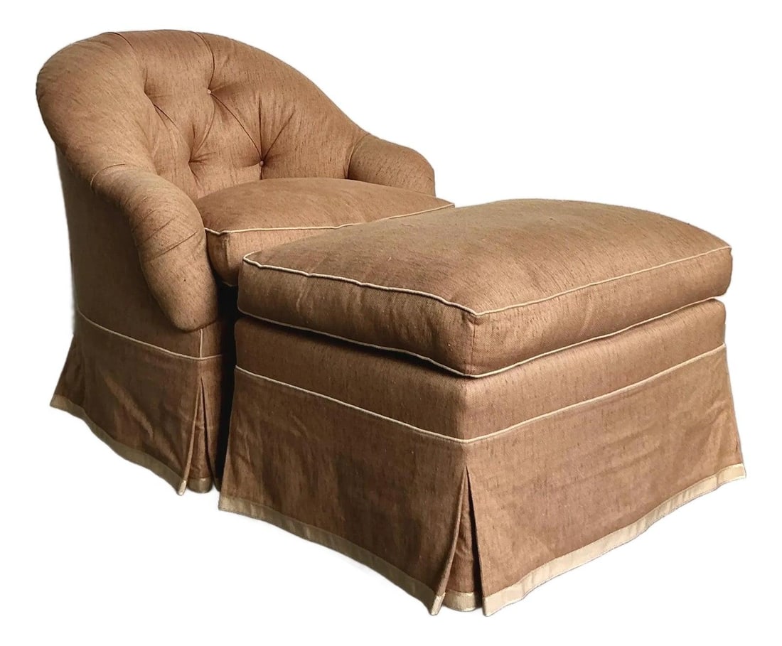 Hollywood Regency Barrel-Back Tufted Chair With Matching Oversized Ottoman Set (1 of 7)