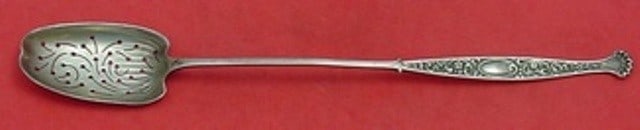 Whiting Hyperion Sterling Silver Olive Spoon Long 8 3/4 Inch: Whiting Hyperion Sterling Silver Olive Spoon Long 8 3/4 Inch Discover the elegant Hyperion olive spoon by Whiting, crafted from high-quality sterling silver. This long, pierced serving spoon measures