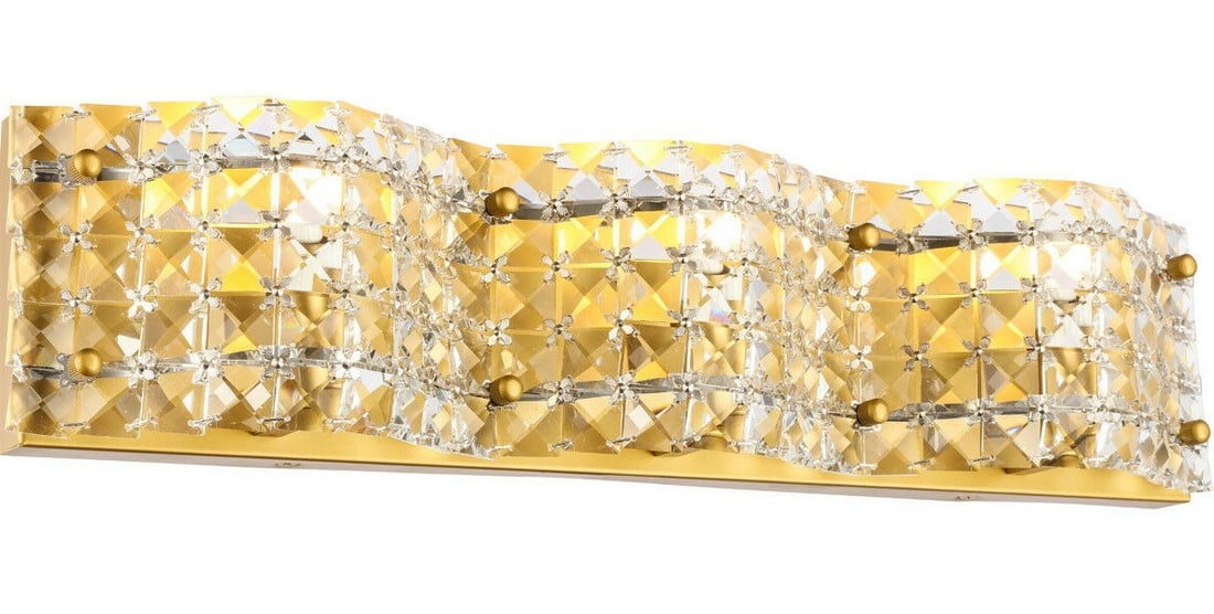 Ollie Brass Finish Crystal Wall Sconce Three-Light 20.6 Inch Modern Vanity Fixture: Ollie Brass Finish Crystal Wall Sconce Three-Light 20.6 Inch Modern Vanity Fixture This modern wall sconce features a brass color finish and high-quality royal cut crystals, offering an elegant lighti