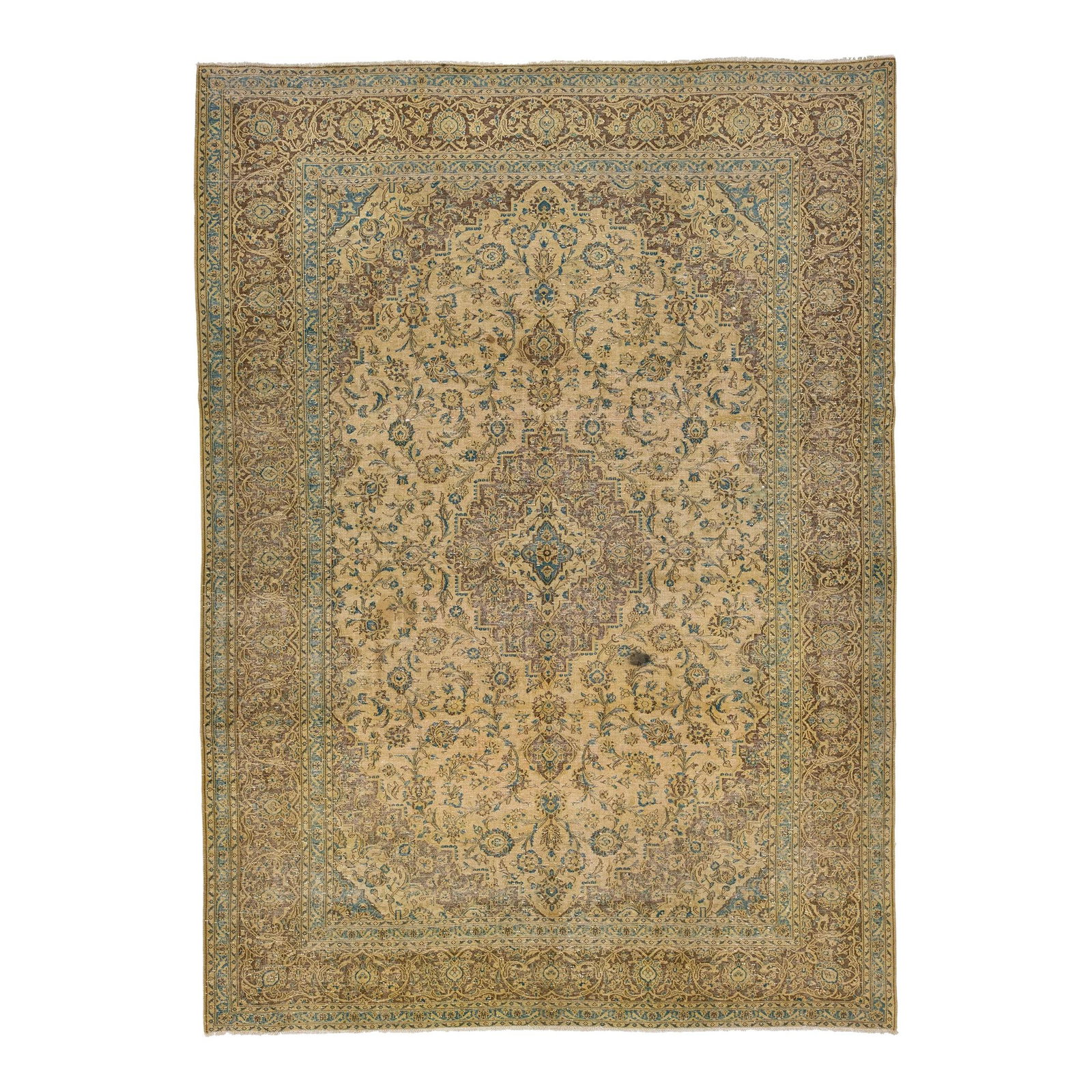 Vintage Persian Tabriz Handmade Wool Rug Ivory Floral Medallion 9'9 x 13'6: Vintage Persian Tabriz Handmade Wool Rug Ivory Floral Medallion 9'9 x 13'6 Experience the elegance of a vintage Persian Tabriz handmade rug, showcasing a stunning ivory field adorned with a rich brown