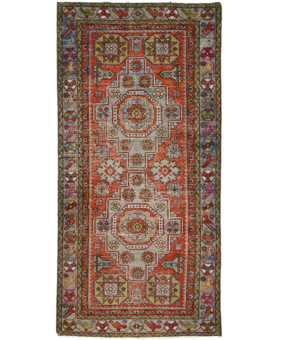 Hand-Knotted Wool Runner Rug 4'5 x 9'4 Bird Motif Western Asia Vintage (1 of 13)