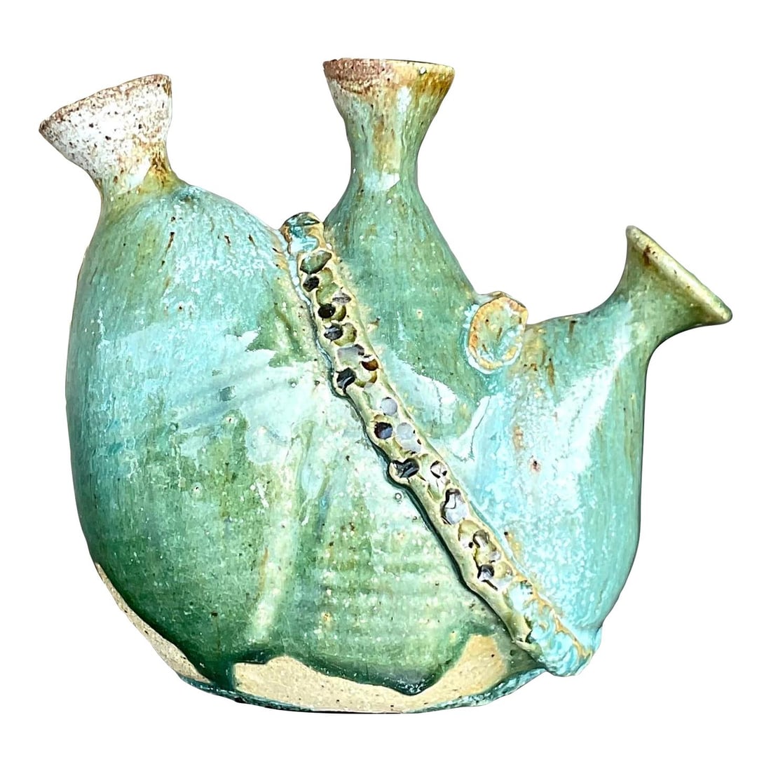 Handcrafted Vintage Boho Pottery Vase in Bottle Green: Handcrafted Vintage Boho Pottery Vase in Bottle Green Add a touch of rustic elegance to your space with this vintage Boho studio pottery vase. Handcrafted with earthy tones, this vase showcases a beau