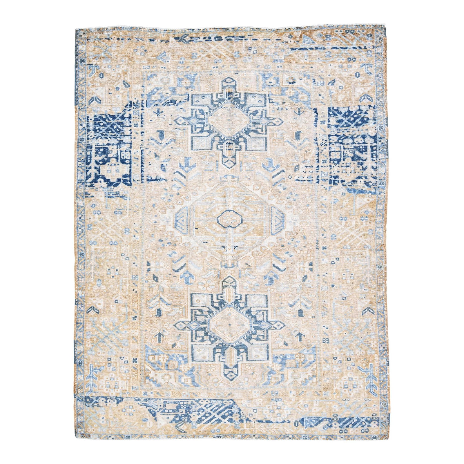 Vintage Karajah Handmade Medallion Beige Wool Rug 4'6 x 6'1: Vintage Karajah Handmade Medallion Beige Wool Rug 4'6 x 6'1 This exquisite vintage Persian Karajah rug showcases a hand-knotted construction with a lovely beige field, accentuated by intricate navy bl