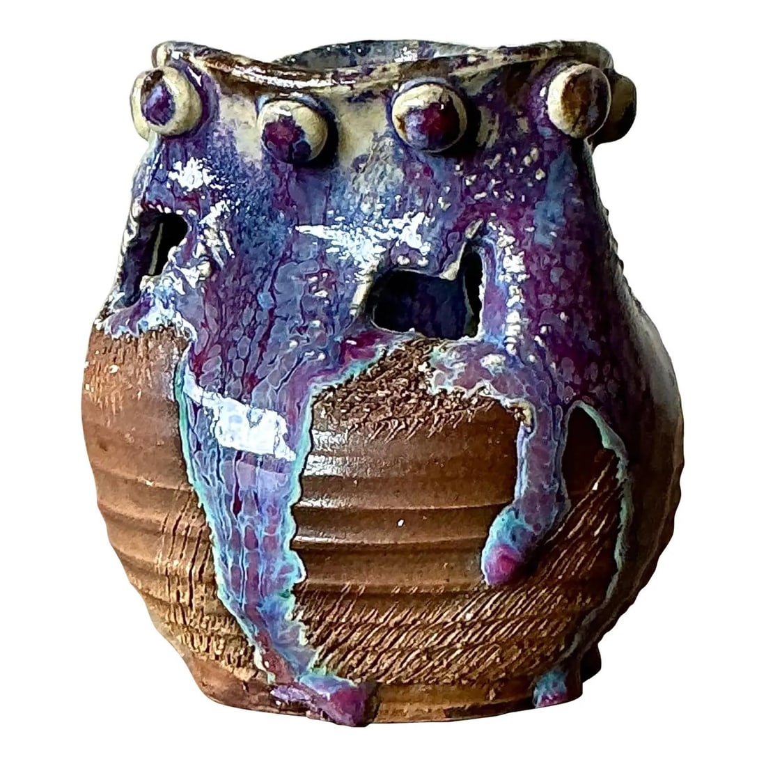 Handmade Brutalist Studio Pottery Vase With Violet Drip Glaze (1 of 10)