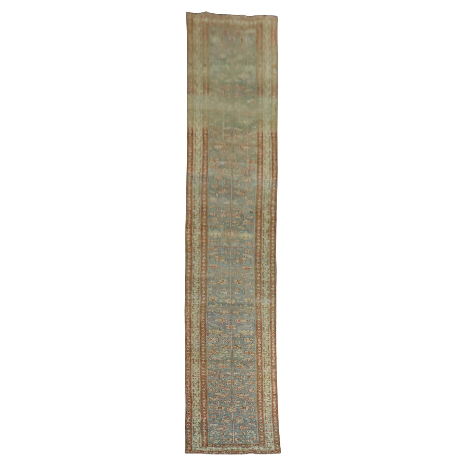 Rustic Persian Malayer Wool Runner Rug in Light Blue 3 x 19'10": Rustic Persian Malayer Wool Runner Rug in Light Blue 3 x 19'10" This antique Persian Malayer runner from the early 20th century features a rustic design with soft blue and brown tones. Expertly hand-k