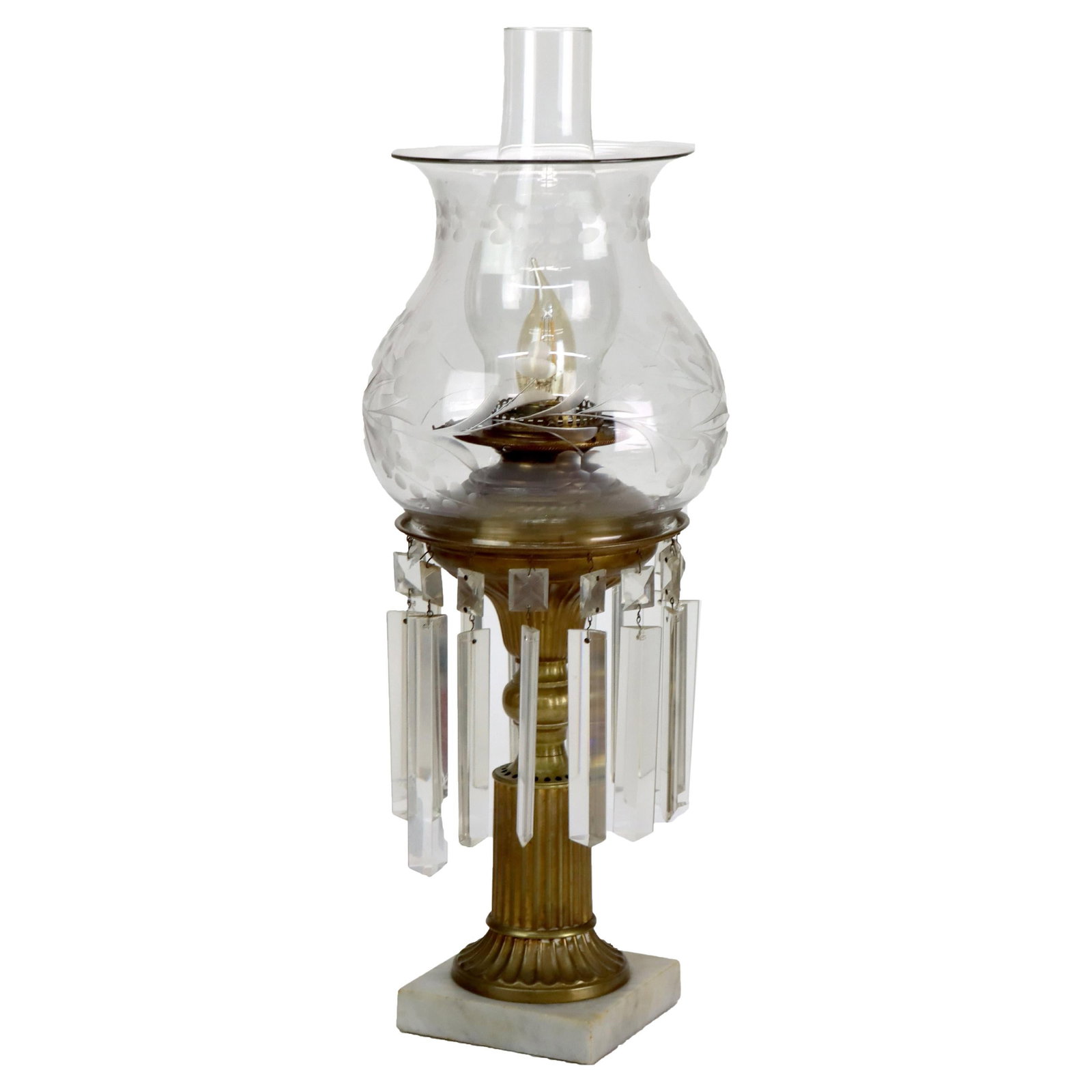 Circa 1900 Electrified Antique Brass Crystal Marble Astral Lamp with Etched Shade (1 of 9)