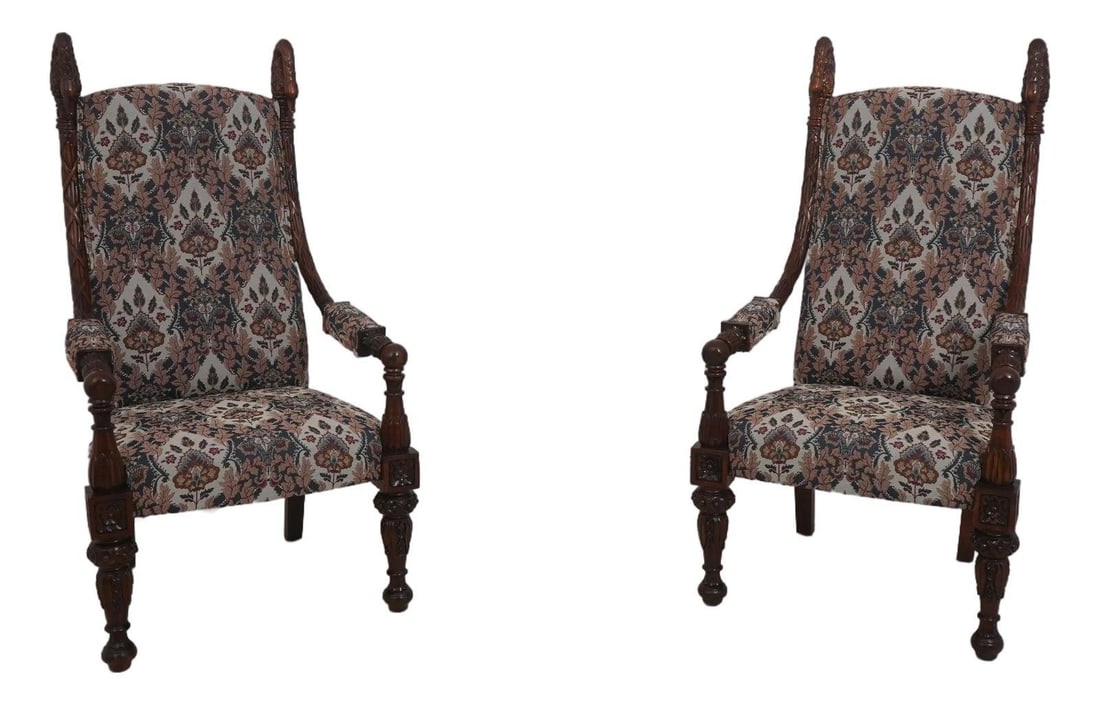 Set of Two Ornate Mahogany Throne Armchairs with Swan Motif (1 of 10)