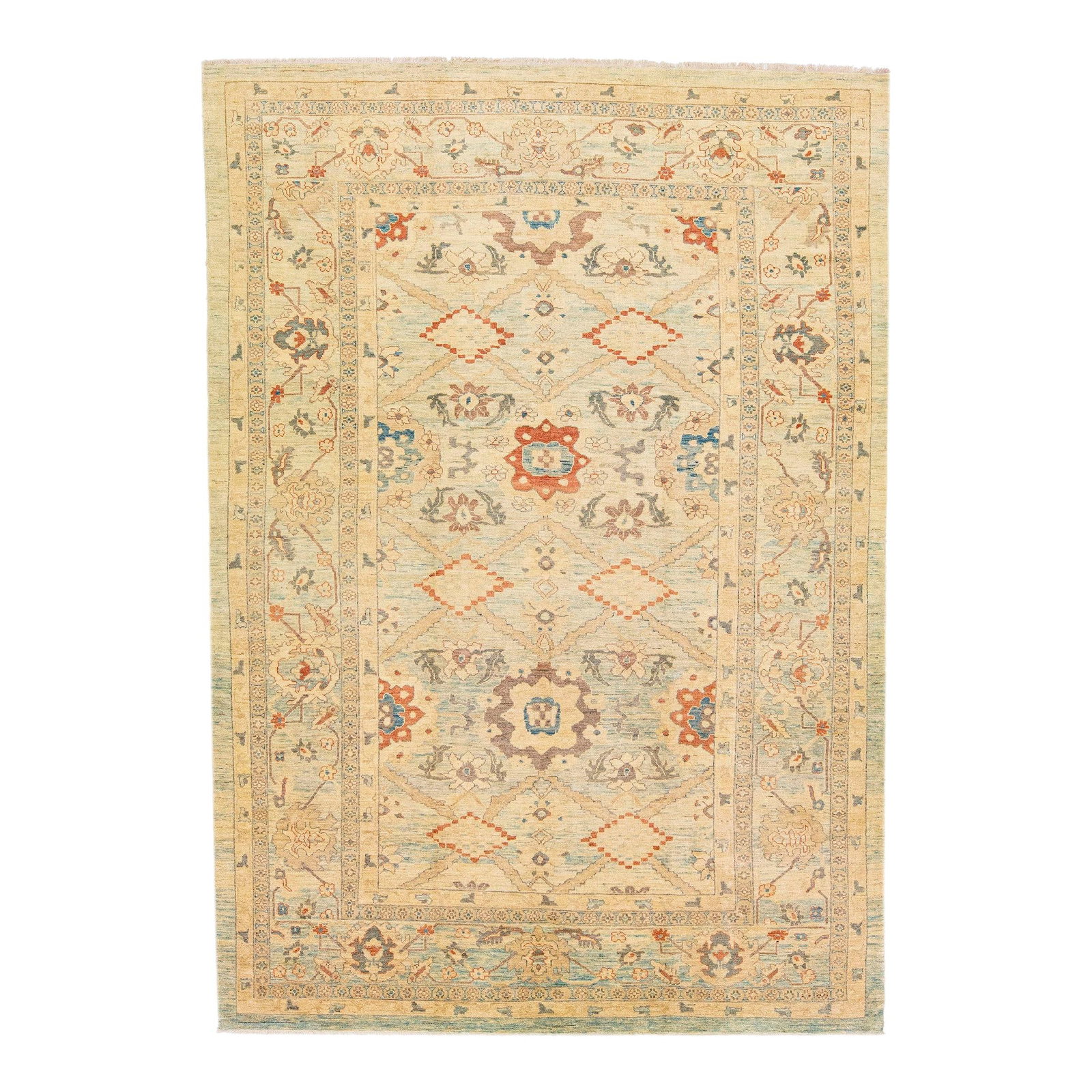 Handmade Indian Wool Rug 10'1 x 14'3 Beige Floral Design: Handmade Indian Wool Rug 10'1 x 14'3 Beige Floral Design Enhance your living space with this stunning modern hand-knotted wool rug, featuring a captivating geometric motif in a palette of beige, rust,