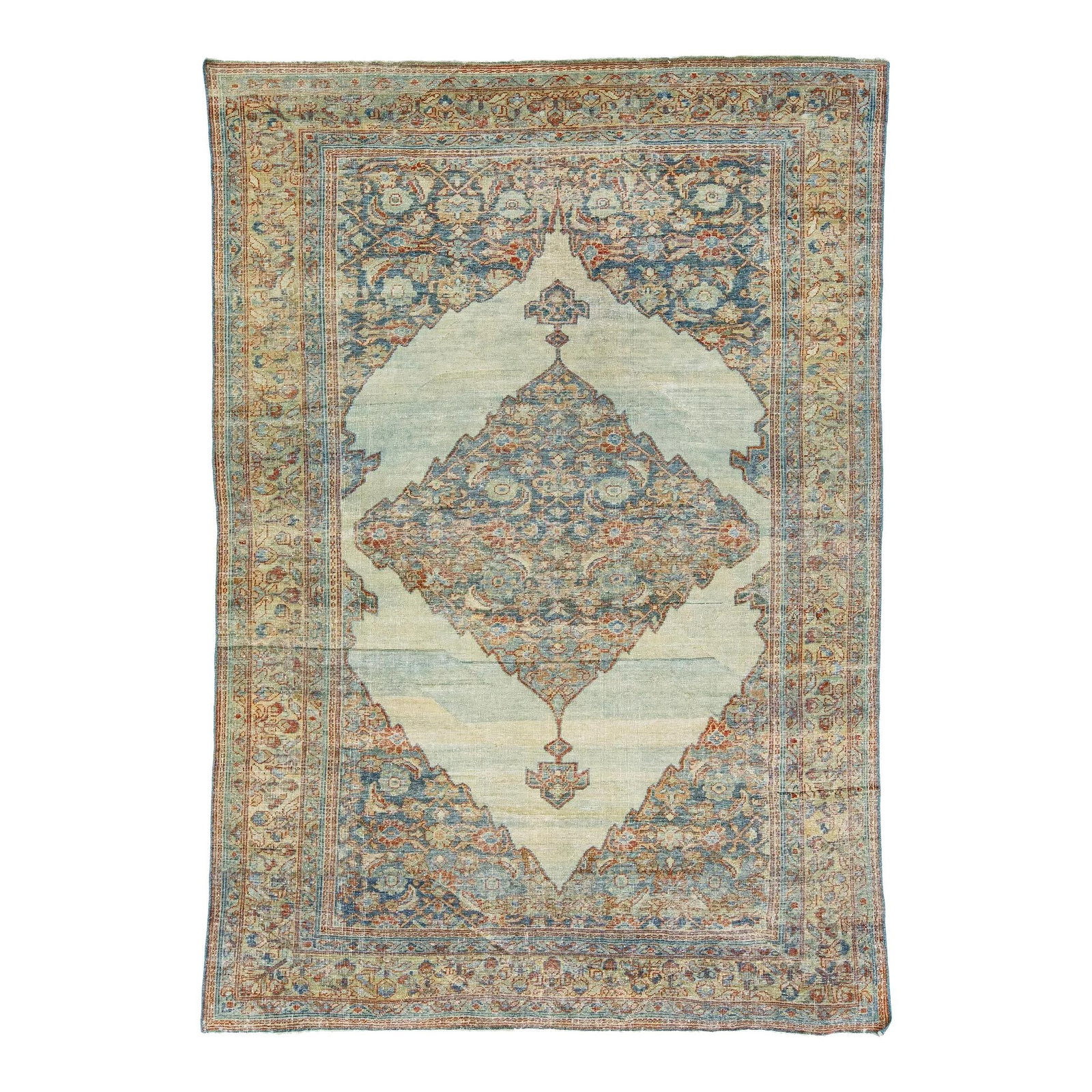Antique Persian Mahal Hand-Knotted Wool Rug Blue Floral Design 5'9 x 8'4: Antique Persian Mahal Hand-Knotted Wool Rug Blue Floral Design 5'9 x 8'4 This exquisite antique Persian Mahal rug showcases a stunning blue field, beautifully framed with a beige design and accented b