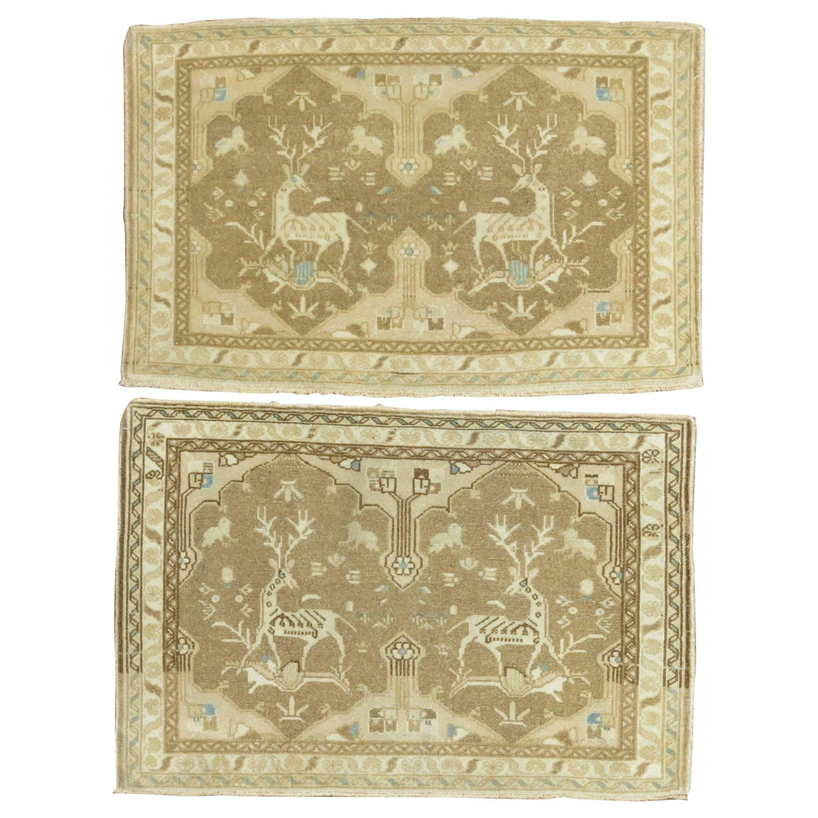 Set of 2 Hand-Woven Neutral Tabriz Reindeer Mats Iran 1940s (1 of 11)