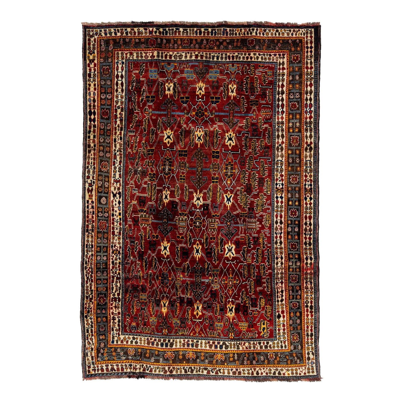 Handmade Vintage Shiraz Persian Wool Rug 5'4 x 8' Burgundy Red: Handmade Vintage Shiraz Persian Wool Rug 5'4 x 8' Burgundy Red This vintage Shiraz Persian wool rug features a stunning burgundy red field, intricately designed with elegant accents in brown, beige, b