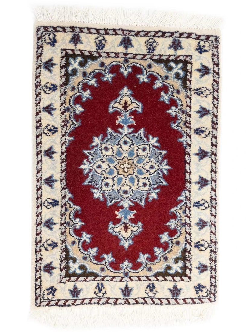 Small Vintage Indo-Nain Wool Rug with Floral Pattern 1'3 x 1'11 Rectangle: Small Vintage Indo-Nain Wool Rug with Floral Pattern 1'3 x 1'11 Rectangle This is a hand-knotted Indo-Nain wool oriental rug featuring a traditional floral design in red, cream, blue, beige, and purpl