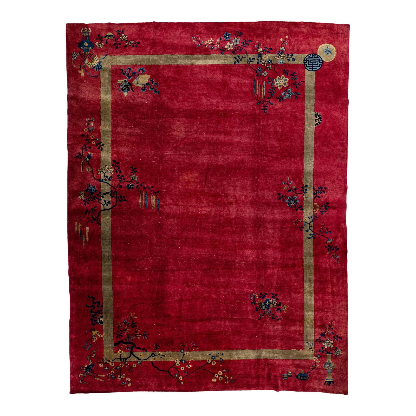 Antique Art Deco Chinese Wool Rug Red Floral Design 10'10 x 14'4 (1 of 10)