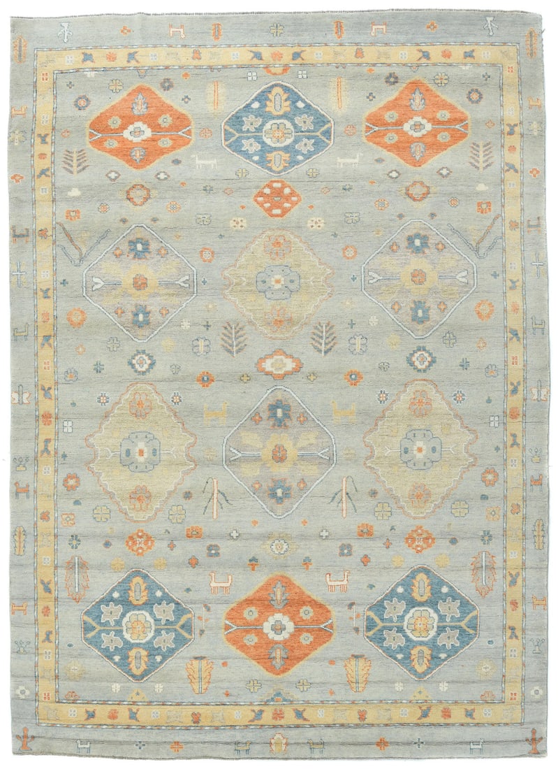 Handmade Oushak Floral Wool Rug 10x14 ft Modern Design: Handmade Oushak Floral Wool Rug 10x14 ft Modern Design Enhance your living space with this exquisite handmade Oushak rug, featuring a floral design in muted colors such as light gray, pastel yellow, o