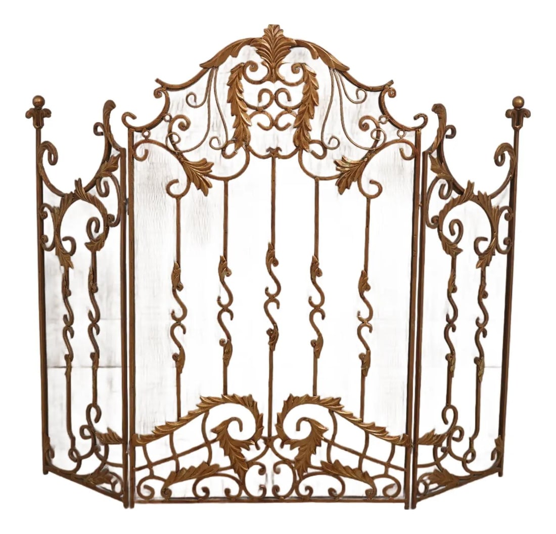 Gold Wrought Iron Fireplace Screen With Three Folding Panels And Leaf Motif (1 of 10)