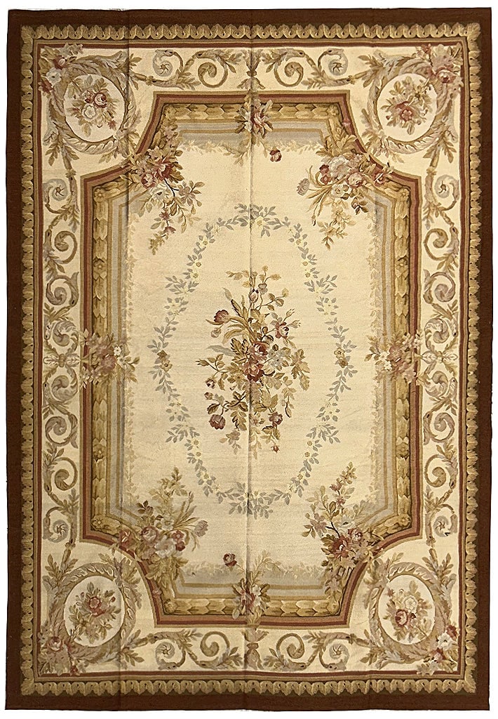 Elegant 8x10 Handwoven Aubusson Area Rug in Ivory Brown Sage Green: Elegant 8x10 Handwoven Aubusson Area Rug in Ivory Brown Sage Green Free continental US Shipping Elevate your home decor with the exquisite 8 x 10 Flat Weave Aubusson Rug. Handwoven with meticulous att