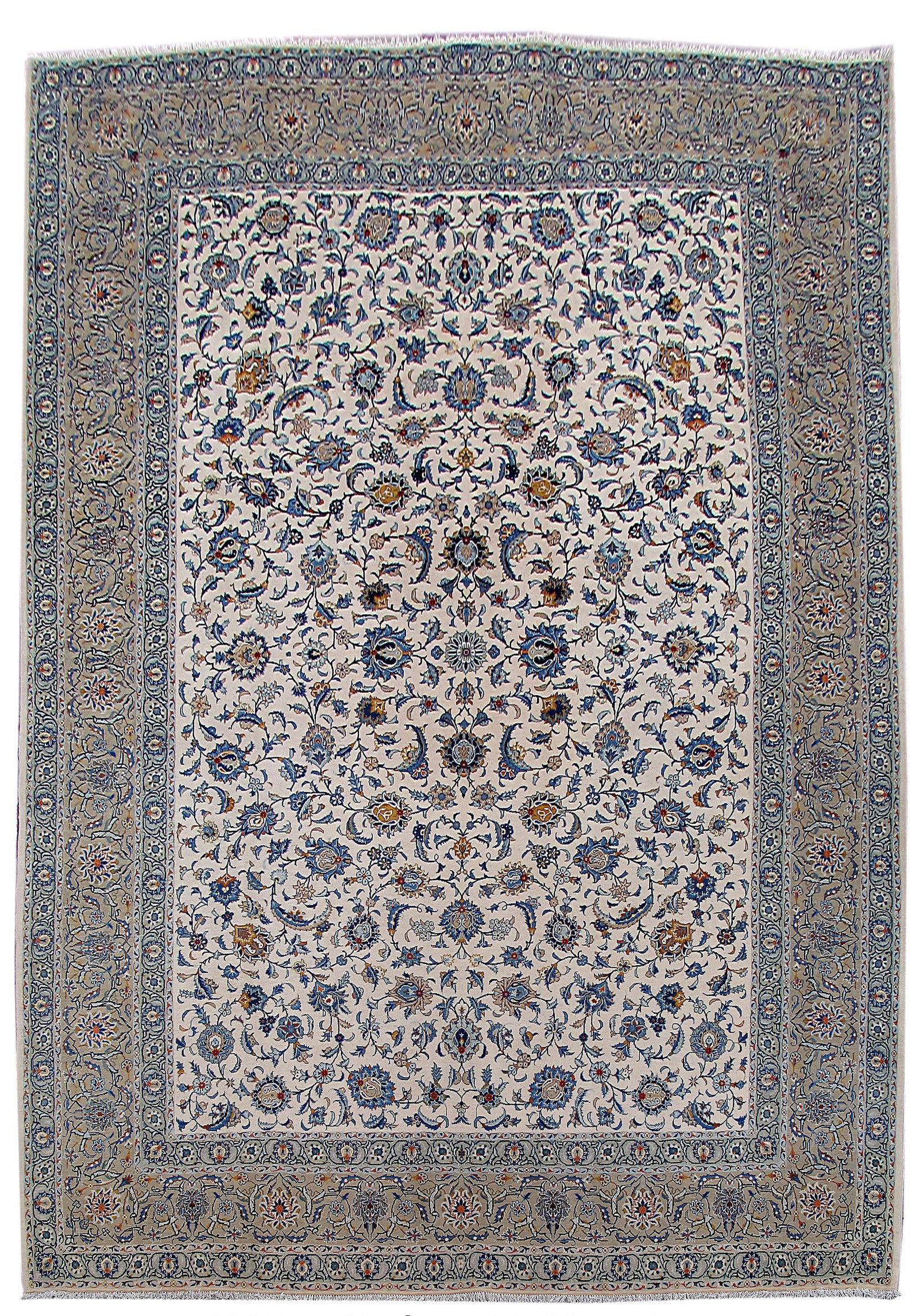 Handcrafted 9.3 x 13.4 Ivory Persian Kashan Rug with Traditional Designs: Handcrafted 9.3 x 13.4 Ivory Persian Kashan Rug with Traditional Designs Free continental US Shipping Elevate your space with this exquisite 9.3 x 13.4 Ivory Persian Kashan Rug, handcrafted by skilled
