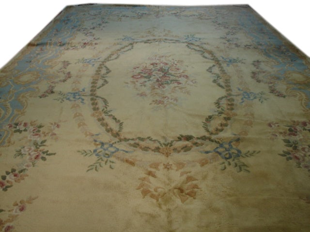 Ivory Antique French Aubusson Wool Rug 13.6 x 26.6 Elegant Handcrafted Design (1 of 5)