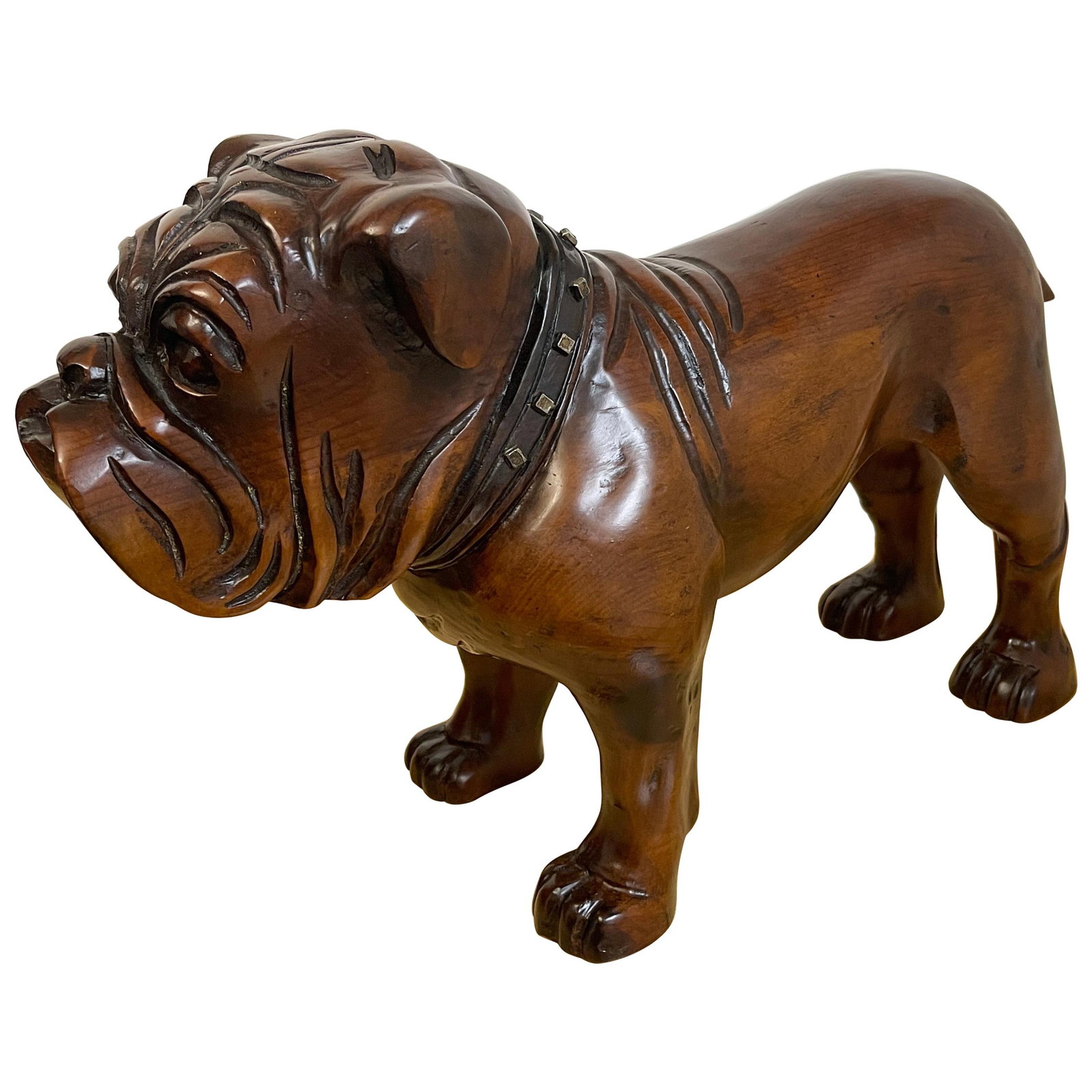 Victorian Antique Carved Hardwood Bull Dog with Steel Collar (1 of 12)