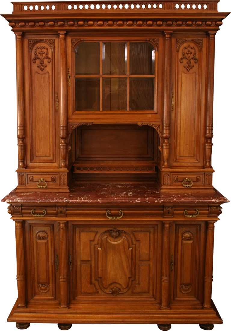 1900s French Renaissance Buffet Solid Walnut Beveled Glass Carved Brass Patina Finish (1 of 18)