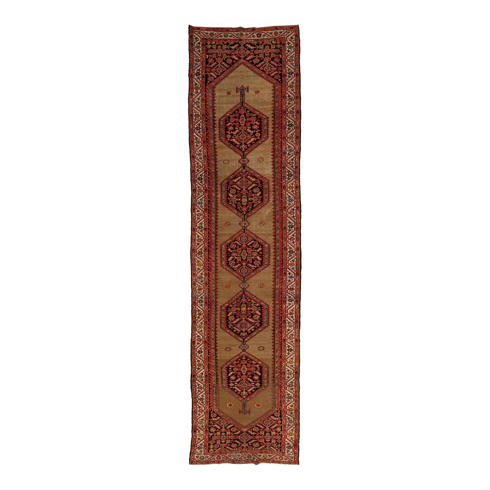 Antique 1900s Persian Malayer Wool Runner Tribal Design 3'6 x 14'1: Antique 1900s Persian Malayer Wool Runner Tribal Design 3'6 x 14'1 This exquisite handmade Persian Malayer wool runner rug, crafted in the early 20th century, showcases a rich brown color field adorne