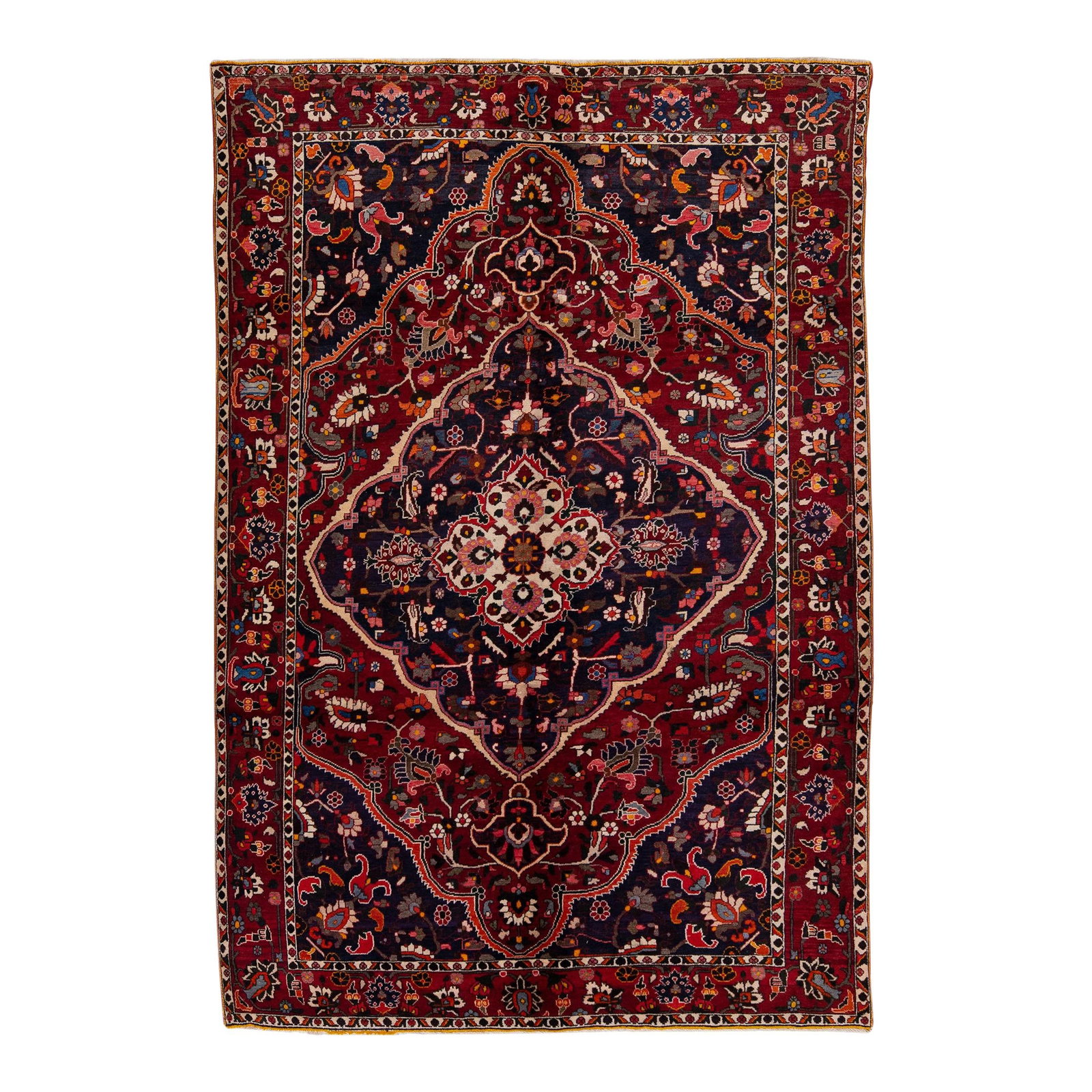Antique Bakhtiari Handmade Wool Rug Burgundy Multicolor Medallion 6'9 x 10'1: Antique Bakhtiari Handmade Wool Rug Burgundy Multicolor Medallion 6'9 x 10'1 This exquisite Antique Bakhtiari hand-knotted wool rug features a rich burgundy field adorned with a stunning all-over mult