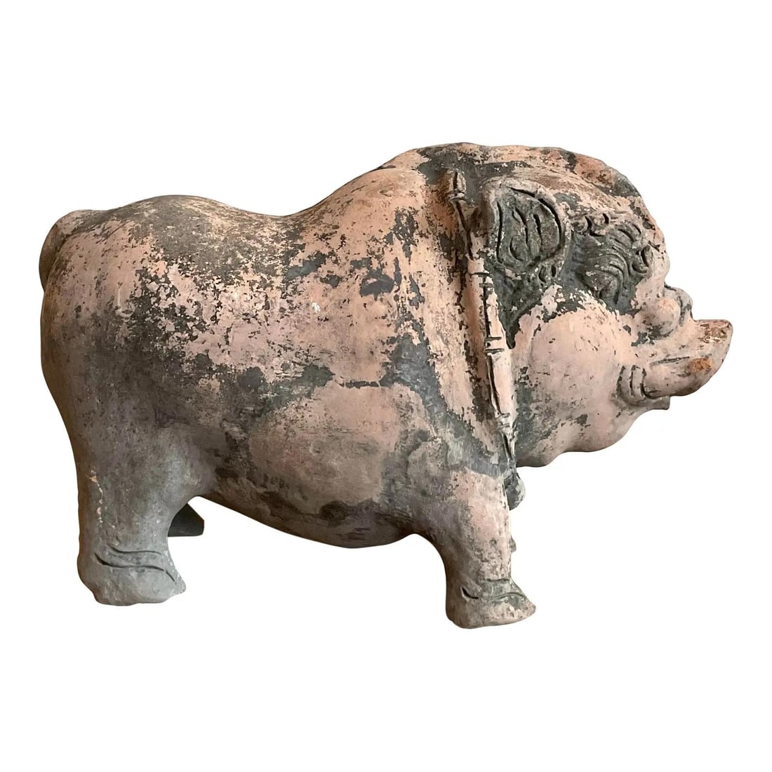 Terracotta Folk Art Pig Sculpture With Weathered Patina 22" Wide (1 of 7)