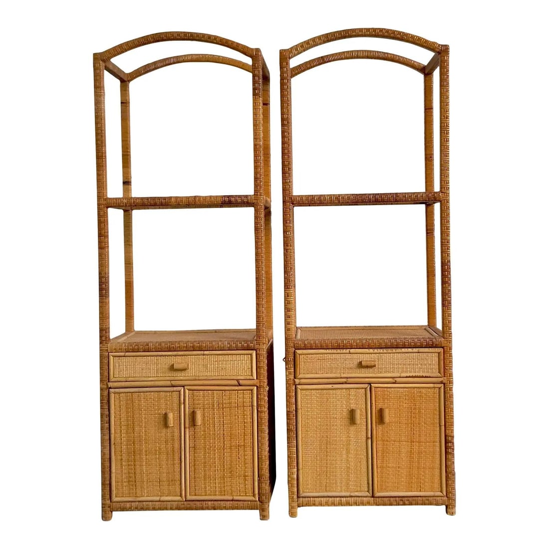 Pair of Arched Woven Rattan Bohemian Etageres with Drawers and Cabinets (1 of 5)