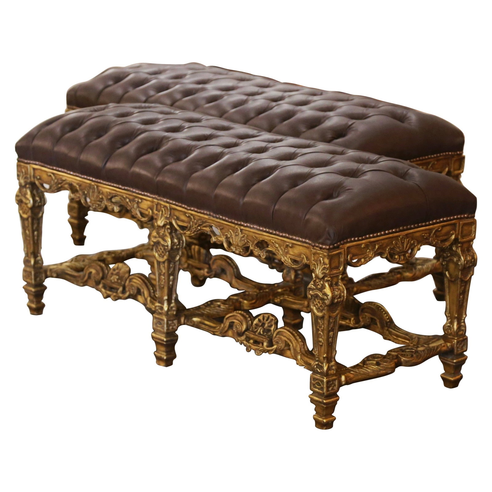 Set of Two French Giltwood Benches with Brown Leather Upholstery (1 of 8)